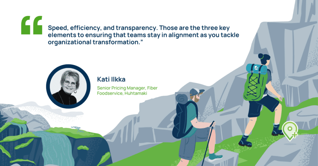 Vendavo testimonial graphic featuring Kati Ilkka, Senior Pricing Manager at Huhtamaki, with a quote on speed, efficiency, and transparency in organizational transformation