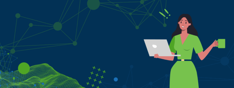 an illustrationof a woman holding and looking at a laptop in one hand with a coffee mug in the other and excited about the chance to learn more about Vendavo AI